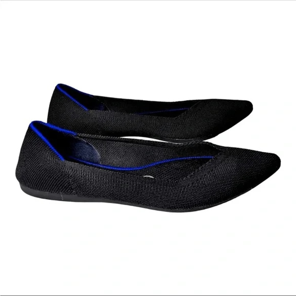 Rothy's Black Pointed Knit Flats with Blue Trim - Picture 2 of 6
